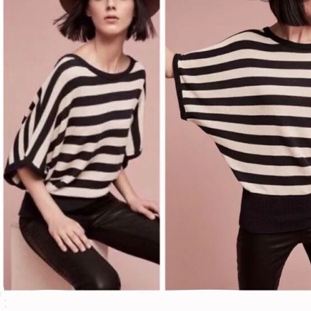 Anthropologie MOTH Blue Cream Stripe Batwing Short Sleeve Knit Sweater Sz XS